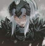  1girl armor black_armor black_cloak blush chain cloak eyebrows_hidden_by_hair fate/grand_order fate_(series) fur-trimmed_cloak fur_trim hair_between_eyes headpiece jeanne_d&#039;arc_alter_(avenger)_(fate) jeanne_d&#039;arc_alter_(fate) kangshi looking_at_viewer short_hair solo upper_body white_hair yellow_eyes 