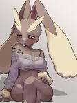  1girl :3 animal_ears animal_nose arm_at_side bare_shoulders black_sclera blush body_fur bottomless breasts brown_fur collarbone colored_sclera commentary cropped_sweater crossed_legs drooling english_commentary furry furry_female grey_background grey_sweater half-closed_eyes hand_on_own_thigh happy highres large_breasts long_sleeves looking_at_viewer lopunny mixed-language_commentary open_mouth pink_eyes pointy_ears pokemon pokemon_(creature) rabbit_ears rabbit_girl saliva simple_background sitting smile solo spaghetti_strap strap_slip sweater teeth tongue tongue_out two-tone_fur underboob wide_hips yellow_fur yuii_(yuika9200) 