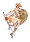  1girl armlet bare_shoulders belt blue_eyes boots breasts closed_mouth commentary folded_hair full_body fur_trim highleg highleg_leotard highres holding holding_shield holding_sword holding_weapon jewelry knee_boots leotard lips looking_at_viewer masters_of_the_universe medium_breasts red_hair rodrigo_yoshimiya shield simple_background sleeveless solo sword teela thighs tiara vambraces weapon white_background white_leotard 