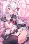  1girl alternate_costume apron black_dress black_gloves black_thighhighs blush breasts cleavage dress enmaided frilled_apron frills garter_straps gloves highres large_breasts looking_at_viewer maid maid_apron maid_headdress multicolored_hair no_panties original pink_hair red_eyes red_ribbon ribbon rubi-sama solo thighhighs two-tone_hair waist_apron white_apron white_hair 