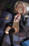  1girl ;o absurdres black_jacket black_thighhighs breasts brown_skirt buttons controller danganronpa_(series) danganronpa_2:_goodbye_despair dress_shirt feet_out_of_frame flipped_hair grey_shirt hair_ornament handheld_game_console highres holding hood jacket long_sleeves looking_at_viewer lying medium_hair miniskirt nanami_chiaki neck_ribbon on_back one_eye_closed open_clothes open_jacket pillow pink_eyes pink_ribbon pleated_skirt ribbon shirt skirt solo thighhighs white_shirt zansei_(crazy) 