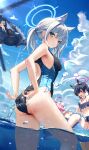  4girls ^_^ adjusting_clothes adjusting_swimsuit ahoge aircraft animal_ear_fluff animal_ears ass ayane_(blue_archive) bikini bikini_skirt black_bikini black_one-piece_swimsuit blue-tinted_eyewear blue_archive blue_eyes blue_halo blue_ribbon blue_sky breasts cat_ears closed_eyes cloud commentary_request competition_swimsuit cross cross_hair_ornament cumulonimbus_cloud day earrings extra_ears eyewear_on_head fang foreclosure_task_force_(blue_archive) frilled_bikini frills grey_hair hair_ornament hair_ribbon halo hat helicopter highres hoshino_(blue_archive) hoshino_(swimsuit)_(blue_archive) inflatable_toy inflatable_whale inverted_cross jewelry light_blush light_brown_hair light_rays long_hair looking_at_viewer looking_back low_ponytail medium_breasts mismatched_pupils multicolored_clothes multicolored_swimsuit multiple_girls navel nonomi_(blue_archive) nonomi_(swimsuit)_(blue_archive) off-shoulder_bikini off_shoulder official_alternate_costume one-piece_swimsuit open_mouth outdoors parted_lips partially_submerged pink_hair red_eyes ribbon sandals serika_(blue_archive) serika_(swimsuit)_(blue_archive) shiroko_(blue_archive) shiroko_(swimsuit)_(blue_archive) sky smile solo_focus stomach stud_earrings sun_hat sunbeam sunglasses sunlight swimsuit tinted_eyewear tsuuhan twintails two-tone_swimsuit vehicle_request water water_drop white_bikini wolf_ears yellow_bikini 