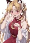  1girl absurdres animal_ears bare_shoulders blonde_hair blush breasts cat_ears deceit_(decit) dress earrings ereshkigal_(bitter_sweet)_(fate) ereshkigal_(fate) fate/grand_order fate_(series) hair_ribbon highres hoop_earrings jewelry long_hair looking_at_viewer medium_breasts open_mouth parted_bangs red_dress red_eyes ribbon sash two_side_up 