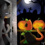  ambiguous_gender anthro building cemetery cybeeyoru detailed_background domestic_cat door duo excited felid feline felis feral full_moon furniture halloween hi_res holidays house jack-o&#039;-lantern male mammal moon night open_mouth outside pumkat smile smirk stool tongue tongue_out trick_or_treat 