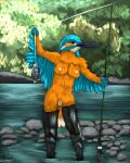  absurd_res animal_genitalia anthro avian beak bird birdtember boots breasts cloaca clothing coraciiform creek feathers female fish fishing fishing_rod footwear genitals hi_res kingfisher leaf marine nude partially_submerged plant rock solo tree water yenocwolf 