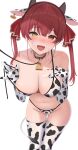  1girl animal_ears animal_print bare_shoulders bell bikini blush breasts cleavage collar commentary_request cow_ears cow_horns cow_print cow_print_bikini cow_tail cowbell ear_tag embarrassed fake_horns fang gloves hair_ribbon heterochromia highres hololive horns houshou_marine kachikachipiroo large_breasts leash long_hair looking_at_viewer neck_bell open_mouth print_bikini print_gloves print_thighhighs red_eyes red_hair ribbon solo strap_pull sweat swimsuit tail thighhighs twintails virtual_youtuber yellow_eyes 
