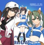  3girls ;d absurdres akagi_(kancolle) akagi_kai_ni_(kancolle) animal_ears baseball_cap belt black_footwear blue_shirt blue_skirt blush boots brown_eyes brown_hair cheerleader crop_top dated detached_sleeves double_fox_shadow_puppet fake_animal_ears fake_tail fox_ears fox_shadow_puppet fujinami_(kancolle) green_eyes green_hair hair_ribbon hakama hakama_short_skirt hakama_skirt hat highres hokkaido_nippon-ham_fighters japanese_clothes kantai_collection kitsune_dance knee_boots layered_skirt long_hair midriff multiple_girls muneate navel official_alternate_costume one_eye_closed quiver red_hakama red_skirt ribbon shirt side_ponytail skirt sleeveless sleeveless_shirt smile straight_hair tail twintails wavy_mouth white_belt white_headwear white_ribbon yellow_eyes zucchii zuikaku_(kancolle) 