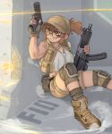  1girl baseball_cap boots breasts brown_eyes brown_hair character_name cropped_shirt dust english_commentary fio_germi glasses gun handgun hat highres holding holding_gun holding_weapon kelvin_hiu knee_pads machine_gun metal_slug on_ground outdoors ponytail projectile_trail ricocheting shirt short_ponytail shorts sitting sleeveless sleeveless_shirt socks solo stone_wall sweat vest waistpack wall weapon 