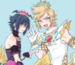  2boys bird black_hair blonde_hair blue_background blue_eyes blush bright_pupils brooch closed_mouth commentary_request crossdressing crow demon_tail demon_wings fake_wings fang final_fantasy final_fantasy_xv freckles gedougawa gloves grey_hair hair_between_eyes heart heart_brooch jewelry long_bangs looking_at_viewer magical_girl male_focus multiple_boys noctis_lucis_caelum open_mouth parody_request pink_brooch prompto_argentum purple_shirt shirt short_bangs short_hair simple_background sleeveless sleeveless_shirt smile tail upper_body white_gloves white_pupils white_shirt wings yellow_wings 