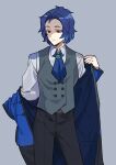  1boy ascot belt black_pants blue_ascot blue_coat blue_hair brown_belt brown_eyes chesed_(project_moon) closed_mouth coat collared_shirt commentary_request grey_background grey_vest lobotomy_corporation long_sleeves male_focus medu_(rubish) pants parted_bangs project_moon removing_coat shirt short_hair simple_background solo vest white_shirt 