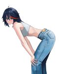  1girl absurdres ahoge alternate_costume bare_arms bare_shoulders bent_over black_hair blue_eyes breasts closed_mouth crop_top denim feet_out_of_frame highres jeans kill_la_kill matoi_ryuuko medium_hair multicolored_hair pants shiny_skin short_hair simple_background smile solo tefi_blum white_background 