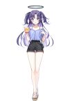  1girl alternate_costume bag black_shorts blue_archive blue_eyes blue_nails blue_shirt blush casual closed_mouth collarbone commentary cup disposable_cup feet full_body halo hands_up highres holding holding_cup kurape_(pat1na) long_hair looking_at_viewer nail_polish off-shoulder_shirt off_shoulder purple_hair sandals shirt shorts shoulder_bag simple_background smile solo standing tachi-e toenail_polish toenails toes two_side_up white_background yuuka_(blue_archive) 
