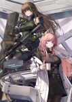  2girls 3_small_spiders absurdres adjusting_hair animal_ears assault_rifle black_skirt brown_eyes brown_hair coffee_mug commentary_request cup girls&#039;_frontline girls&#039;_frontline_neural_cloud green_hair gun highres holding holding_cup id_card lab_coat long_hair looking_at_viewer m4_carbine m4a1_(girls&#039;_frontline) magazine_(weapon) mug multicolored_hair multiple_girls off_shoulder pantyhose persicaria_(girls&#039;_frontline_nc) pink_eyes pink_hair ribbed_shirt ribbed_sweater rifle shirt skirt sleeveless sleeveless_shirt smile streaked_hair sweater thighhighs trigger_discipline vertical_foregrip weapon 