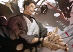 1boy arm_tattoo black_hair black_nails blood evil_smile extra_eyes facial_tattoo fushiguro_megumi highres jujutsu_kaisen long_sleeves male_focus open_mouth own_hands_together red_eyes ryoumen_sukuna_(jujutsu_kaisen) short_hair smile speech_bubble spiked_hair tattoo teeth translation_request wide_sleeves woshihedawei 