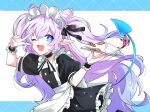  1girl apron blue_background blush coffee_mug cookie cup demon_girl demon_tail elsword fang food half_updo highres long_hair looking_at_viewer luciela_r._sourcream maid maid_apron maid_headdress mug open_mouth pointy_ears purple_hair sasa_(sa1008va) short_sleeves smile solo star_(symbol) star_in_eye symbol_in_eye tail tray twintails 