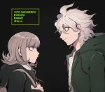  1boy 1girl artist_name backpack bag black_background black_jacket brown_hair character_name closed_mouth danganronpa_(series) danganronpa_2:_goodbye_despair eye_contact green_jacket grey_hair hood hood_down hooded_jacket jacket komaeda_nagito looking_at_another medium_hair messy_hair nanami_chiaki print_shirt shimada_(dmisx) shirt simple_background smile white_shirt 