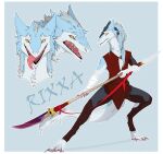  angry_expression anthro blue_body blue_fur fighting_pose fur glaive headshot_portrait hi_res looking_at_viewer looking_away male melee_weapon multicolored_body multicolored_fur naughty_face nirala-the-sergal polearm portrait pose red_sclera rixxa_(darksci) sergal solo two_tone_body two_tone_fur warrior weapon white_body white_fur yellow_eyes 