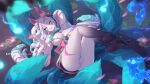  1girl ahri_(league_of_legends) animal_ear_fluff ass barefoot bell black_skin blue_hair breasts colored_skin facial_mark fox fox_tail hair_bell hair_ornament large_breasts league_of_legends long_hair long_sleeves mitsu_(mitsu_art) multicolored_hair multiple_tails panties partially_visible_vulva sharp_toenails solo spirit_blossom_ahri streaked_hair tail toenails underwear white_hair white_panties 