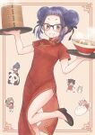  4girls bamboo_steamer baozi black-framed_eyewear blunt_bangs border brown_eyes chibi chibi_inset china_dress chinese_clothes dog double_bun dress dumpling food glasses grin hair_bun hair_ribbon highres holding holding_food holding_tray inuyama_aoi kagamihara_nadeshiko leg_up loafers looking_at_viewer marrontorisu multiple_girls oogaki_chiaki outside_border panda purple_hair red_border ribbon shima_rin shoes short_eyebrows side_slit sidelocks smile solo_focus standing standing_on_one_leg steam tray yurucamp 