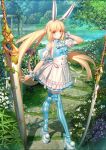  1girl ahoge animal_ears artoria_caster_(fate) artoria_caster_(swimsuit)_(fate) artoria_pendragon_(fate) bare_shoulders blue_dress boots bracelet closed_mouth dress fate/grand_order fate_(series) flower grass green_eyes jewelry looking_at_viewer maid official_art purple_flower rabbit_ears sword takeuchi_takashi tree twintails weapon white_flower white_footwear yellow_flower 