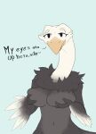  2023 anthro avian beak bedroom_eyes bird breast_grab breasts english_text female hand_on_breast hi_res long_neck narrowed_eyes non-mammal_breasts ostrich ratite seductive solo tagme text vagoncho 