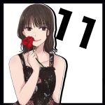  1girl arm_at_side bare_arms bare_shoulders black_border black_dress border brown_eyes brown_hair closed_mouth collarbone commentary countdown dress floral_print flower frilled_dress frills hand_up holding holding_flower ishii_haruna looking_at_viewer medium_hair mole mole_under_eye nigari_(ngari_0115) outside_border print_dress real_life red_flower red_rose rose rose_print simple_background sleeveless sleeveless_dress smile solo upper_body voice_actor white_background 