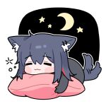  1girl :3 animal_ears arknights black_hair blush_stickers chibi closed_eyes crescent_moon ear_piercing huang_qing_ye long_hair lowres moon piercing pillow red_hair sidelocks simple_background sleeping solo tail tail_wagging texas_(arknights) white_background wolf_ears wolf_girl wolf_tail 