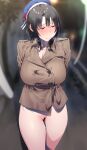  1girl arms_behind_back beret black_hair blue_headwear blurry blurry_background blush bottomless breasts brown_jacket buttons censored closed_mouth commission double-breasted female_pubic_hair hat highres jacket kantai_collection large_breasts long_sleeves nanaichi pubic_hair public_indecency public_nudity pussy_juice red_eyes short_hair skeb_commission solo takao_(kancolle) tears 