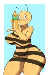  antennae_(anatomy) anthro arthropod bee big_breasts big_butt blush bottle breasts butt container female hi_res hymenopteran insect kryadrawgin nipple_outline russian_cooking_oil_commercial smile solo thick_thighs wide_hips yellow_body 