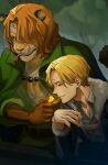  2boys bandage_over_one_eye blonde_hair cape cigarette from_side furry furry_male gen_me gloves hair_over_one_eye highres lighting_cigarette male_focus medium_hair multiple_boys notched_ear one_piece panther_boy panther_ears pedro_(one_piece) profile sanji_(one_piece) short_hair smile tusks upper_body 