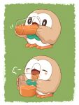  =3 abstract_background absurdres animal animal_focus beak bird bow bowtie bright_pupils brown_feathers closed_eyes cup drink drinking drinking_glass feathers full_body green_background green_bow green_bowtie highres hiyoko_kurabu holding holding_drink juice motion_lines o_o orange_juice owl pokemon pokemon_(creature) rowlet spill talons white_background white_feathers white_pupils 