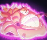  anthro aura canid canine dragon_ball dragon_ball_super ear_piercing food fox fur hi_res immobile liquiir male mammal morbidly_obese morbidly_obese_anthro multi_tail obese obese_anthro orange_body orange_fur overweight overweight_anthro pichurria piercing pizza solo tail white_body white_fur 