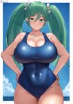  1girl black_hair blue_eyes blue_hair blue_one-piece_swimsuit blush breasts cleavage cloud cloudy_sky competition_school_swimsuit day hair_ribbon hairband highres isuzu_(kancolle) kantai_collection large_breasts long_hair looking_at_viewer ocean one-piece_swimsuit ribbon school_swimsuit shiromaru_(maniado) sky smile solo swimsuit twintails water 