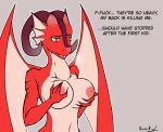  absurd_res anthro big_breasts breast_grab breasts dragon female fin hand_on_breast hi_res mature_female scalie simple_background small_waist solo text venskryl wings 
