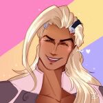  1boy ^_^ absurdres blonde_hair closed_eyes dark_skin english_commentary heart highres itsnotfazal lifeweaver_(overwatch) long_hair male_focus open_clothes open_mouth overwatch overwatch_2 pectorals smile solo sparkling_eyes teeth upper_teeth_only 