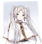  1girl blush capelet closed_mouth commentary_request earrings elf gradient_background grey_background grey_hair highres jewelry light_smeile long_hair looking_at_viewer pointy_ears solo takanashi_kei_(hitsujikan) upper_body white_capelet 