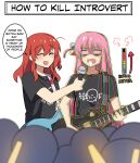  2girls =3 absurdres black_shirt blurry bocchi_the_rock! closed_eyes commentary crowd cube_hair_ornament depth_of_field empty_eyes english_commentary english_text foaming_at_the_mouth glowstick gotou_hitori guitar hair_between_eyes hair_ornament highres hinghoi holding holding_instrument holding_microphone instrument kita_ikuyo long_hair microphone multiple_girls nervous one_side_up open_mouth pink_hair red_hair scared shaded_face shirt short_sleeves sidelocks simple_background speech_bubble trembling v-shaped_eyebrows very_long_hair wavy_hair wavy_mouth white_background 