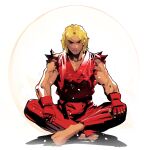  1boy bare_shoulders barefoot blonde_hair closed_mouth cofffee collarbone dougi fingerless_gloves full_body gloves indian_style ken_masters looking_at_viewer male_focus medium_hair muscular muscular_male pants red_gloves red_pants red_shirt shirt sitting solo street_fighter torn_clothes torn_sleeves white_background 