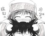  1boy 1girl biting black_hair blush closed_eyes commentary_request fang fangs grey_hair greyscale habit hair_between_eyes head_biting index_(toaru_majutsu_no_index) kamijou_touma monochrome nose_blush one_eye_closed portrait robe safety_pin shin_(highest1192) short_hair skin_fang spiked_hair toaru_majutsu_no_index toaru_majutsu_no_index:_old_testament translation_request white_robe 