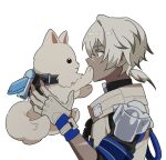  1boy animal arlan_(honkai:_star_rail) armor backpack bag collar colored_tips commentary covering_mouth dark-skinned_male dark_skin dog from_side gloves grey_hair holding holding_animal holding_dog honkai:_star_rail honkai_(series) jacket male_focus multicolored_hair peppy_(honkai:_star_rail) ponytail profile red_eyes rocket scar scar_on_face scar_on_nose short_hair short_ponytail short_sleeves simple_background udeudede upper_body white_background white_gloves white_hair white_jacket 