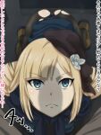  1boy 1girl all_fours ass black_panties blonde_hair blue_jacket brown_footwear brown_headwear brown_pantyhose commentary_request fate_(series) flower frown green_eyes grey_flower hair_flower hair_ornament jacket long_hair looking_at_viewer looking_up lord_el-melloi_ii_case_files nomanota panties pantyhose penis_shadow reines_el-melloi_archisorte shiny_skin solo_focus sweat torn_clothes torn_pantyhose translation_request underwear 