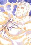  1boy absurdres antenna_hair bara chest_tattoo exio_(live_a_hero) facial_hair furrowed_brow goatee hand_up highres hole_in_chest hole_on_body huge_eyebrows large_pectorals live_a_hero looking_at_viewer male_focus mature_male muscular muscular_male mutton_chops official_alternate_costume pectorals red_eyes short_hair sideways_glance sky smile solo tattoo thick_eyebrows tko344g upper_body 
