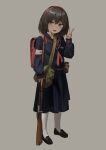  1girl blue_jacket blue_skirt bolt_action brown_eyes brown_hair check_weapon commission garoppui gun jacket long_skirt looking_at_viewer mosin-nagant original rifle school_uniform short_hair skirt sleeves_past_wrists smile smoke_grenade solo v weapon 