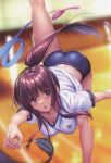  1girl absurdres ass bloomers blurry blurry_background blush breasts cleavage gym_uniform gymnastics hanikami_kanojo highres holding indoors leg_up long_hair looking_at_viewer medium_breasts open_mouth piromizu ponytail rhythmic_gymnastics scan short_sleeves simple_background solo underwear 