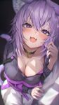  1girl animal_ear_fluff animal_ears black_collar black_hoodie blush breasts cat_ears cat_girl cat_tail cleavage collar fang hair_between_eyes highres hololive hololive_gamers hood hoodie large_breasts looking_at_viewer lying medium_hair nekomata_okayu on_side open_mouth pants purple_eyes purple_hair skin_fang solo sweatpants tail tooya0923 virtual_youtuber white_pants 