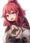  1girl anna_(fire_emblem) bag black_gloves blush cape crossed_bangs fire_emblem fire_emblem_engage gloves high_ponytail highres holding holding_bag medium_hair minamonochaba open_mouth puffy_sleeves red_cape red_eyes red_hair sidelocks simple_background solo white_background white_sleeves 