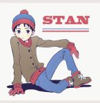  1boy animification beanie black_hair blue_eyes blue_pants brown_footwear character_name gloves gonta_(yu37av) hat long_sleeves male_focus pants red_gloves shoelaces shoes solo south_park stan_marsh 