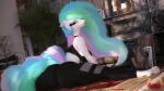  3d_(artwork) absurd_res anthro anthrofied big_butt breasts butt clothing digital_media_(artwork) equid equine female flexible friendship_is_magic hasbro hi_res horn looking_at_viewer looking_back looking_back_at_viewer loveslove mammal my_little_pony princess_celestia_(mlp) solo splits spread_legs spreading tight_clothing unicorn 