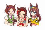  3girls ^_^ animal_ears appleq blue_eyes blush bow bowtie breasts brown_hair choker cleavage closed_eyes closed_mouth collared_shirt crop_top cropped_torso ear_bow elbow_gloves fingerless_gloves gloves green_gloves green_vest hairband highres horse_ears jewelry long_hair mihono_bourbon_(mission_mental_nutrition)_(umamusume) mihono_bourbon_(umamusume) multiple_girls necklace necktie open_mouth pink_eyes purple_necktie red_bow red_bowtie sailor_collar sakura_bakushin_o_(red-hot_leader)_(umamusume) sakura_bakushin_o_(umamusume) sakura_laurel_(ticked_cherry_blossom)_(umamusume) sakura_laurel_(umamusume) shirt short_hair short_sleeves sleeveless sleeveless_shirt small_breasts smile tying_hair umamusume upper_body v-shaped_eyebrows vest white_background white_shirt yellow_shirt 