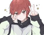  1boy blue_lock braid ehqh9d hands_up highres jacket kurona_ranze long_sleeves looking_at_viewer male_focus red_eyes red_hair short_hair simple_background single_braid sleeves_past_wrists solo v white_background white_jacket 